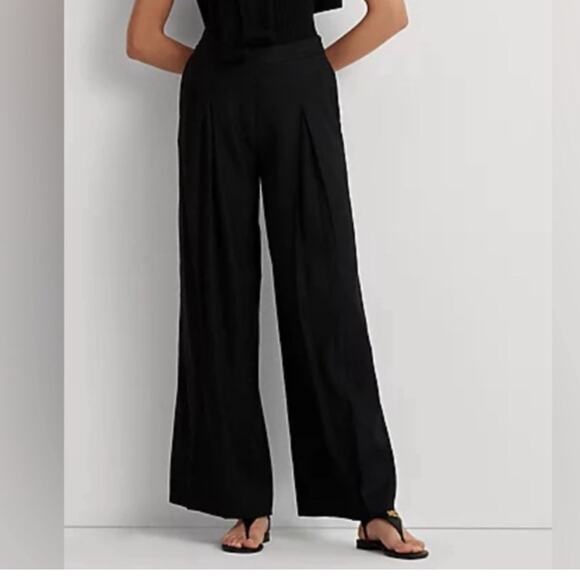 New Ralph Lauren Black Trouser Pants Wide Leg Linen Pleated Front Pockets 12 - Picture 1 of 15